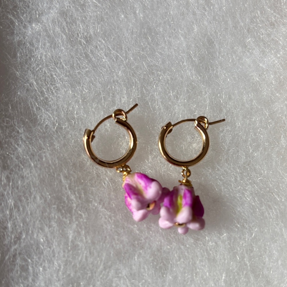 Gold Hoop Earrings with Pink Floral Charms